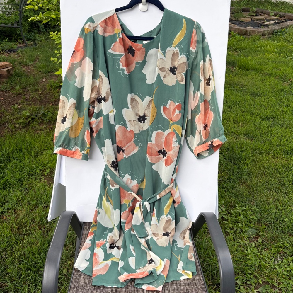 Ava & Viv Green Floral Poppy Print Shift Dress 3/4 Sleeve‎ Tie Waist Plus 2X
